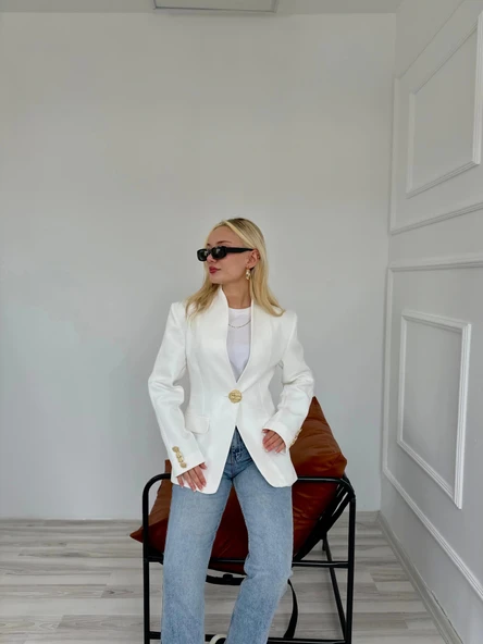 Kadın Gold Düğmeli Hakim Yaka Blazer Ceket Beyaz - 2