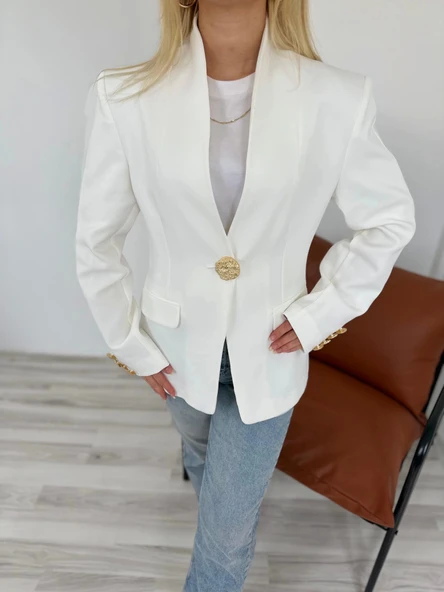 Kadın Gold Düğmeli Hakim Yaka Blazer Ceket Beyaz - 3