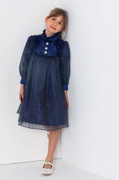 Kız Çocuk Üzeri Benekli ve Pullu İçi Astarlı Yakası Fırfırlı Lacivert Elbise ürün görseli