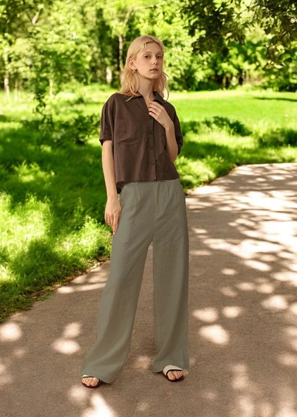 Yazlık Düğmeli Tasarım Kadın Keten Pantolon - Resim 2