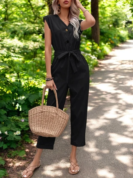 Yazlık Tek Sıra Düğmeli V Yaka Keten Tulum - Resim 3