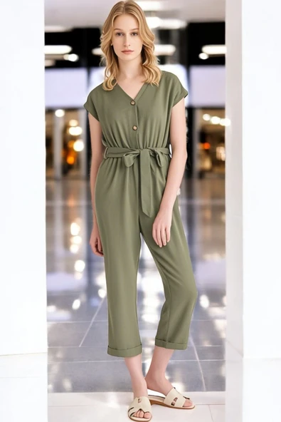 Yazlık V Yaka Kolsuz Şık Keten Tulum ürün görseli