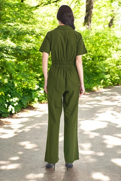 Yazlık Kısa Kollu Tasarım Keten Tulum - Resim 2