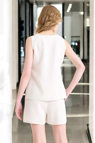 Yazlık Kolsuz Şortlu Keten Takım - Resim 5