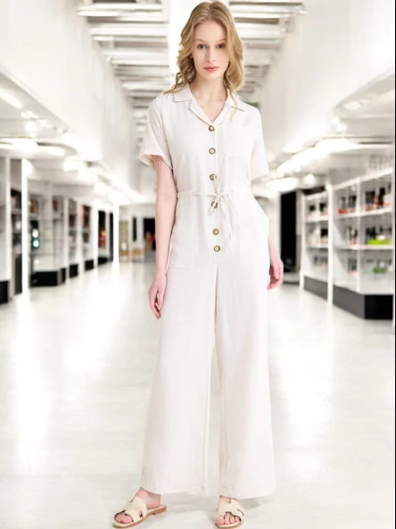 Yazlık Rahat Kısa Kollu Keten Tulum ürün görseli