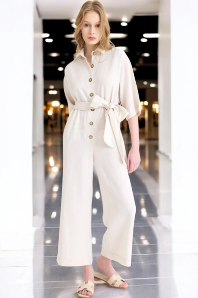 Yazlık Rahat Gömlek Yaka Keten Tulum - 4