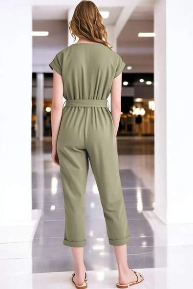 Yazlık V Yaka Kolsuz Şık Keten Tulum - Resim 2