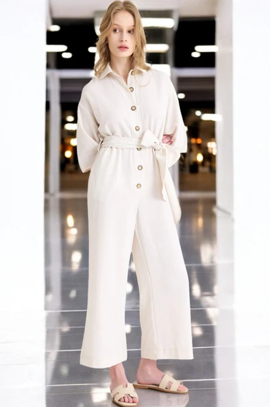 Yazlık Rahat Gömlek Yaka Keten Tulum - 6