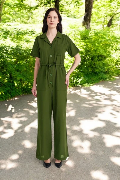 Yazlık Kısa Kollu Tasarım Keten Tulum ürün görseli