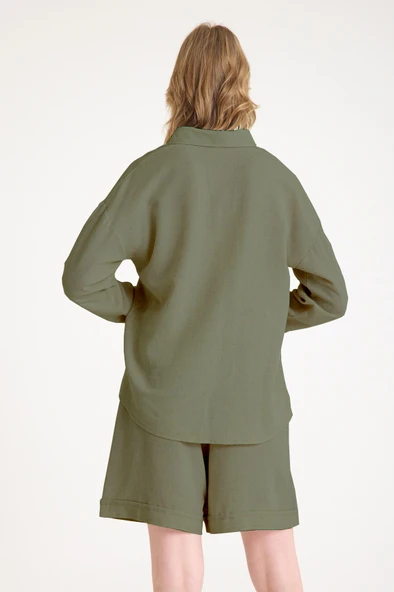 Keten Yazlık Uzun Kol Gömlek Şort Haki İkili Takım - 3