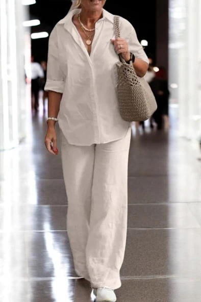 Yazlık Gömlek Pantolon Rahat Keten Takım - 1