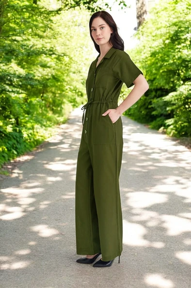 Yazlık Kısa Kollu Tasarım Keten Tulum - Resim 3