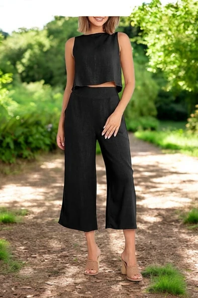 Yazlık Yüksek Bel Kapri Pantolon Kolsuz Bluz Keten Takım - Resim 6