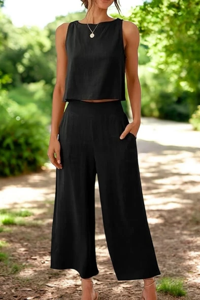 Yazlık Yüksek Bel Kapri Pantolon Kolsuz Bluz Keten Takım - Resim 5