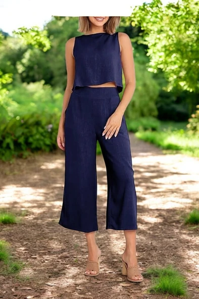 Yazlık Sırt Detaylı Şık Keten Takım - 3