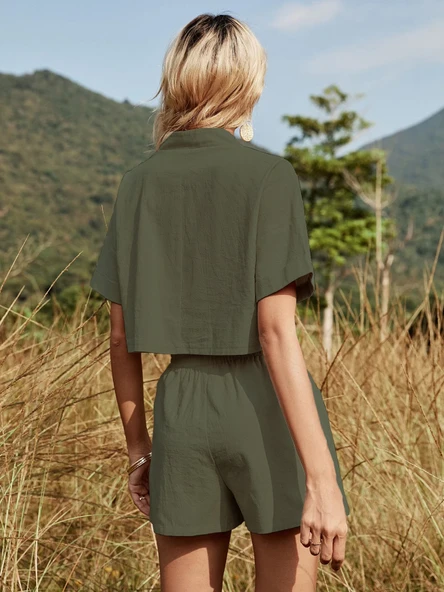 Yaka Detaylı Şortlu İkili Haki Takım - Resim 5