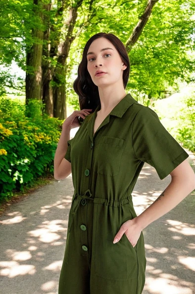 Yazlık Kısa Kollu Tasarım Keten Tulum - Resim 4