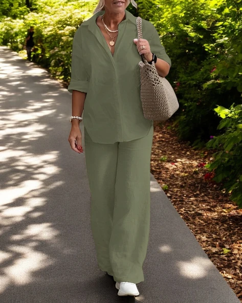 Gömlek Pantolon Yazlık Rahat Keten Takım - 1