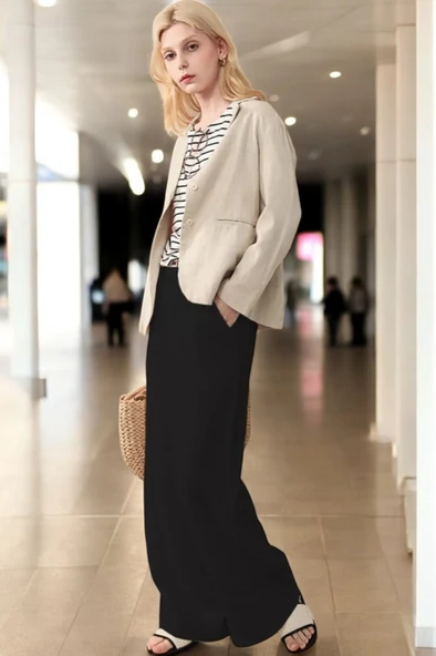 Yazlık Düğmeli Şık Keten Pantolon - Resim 3