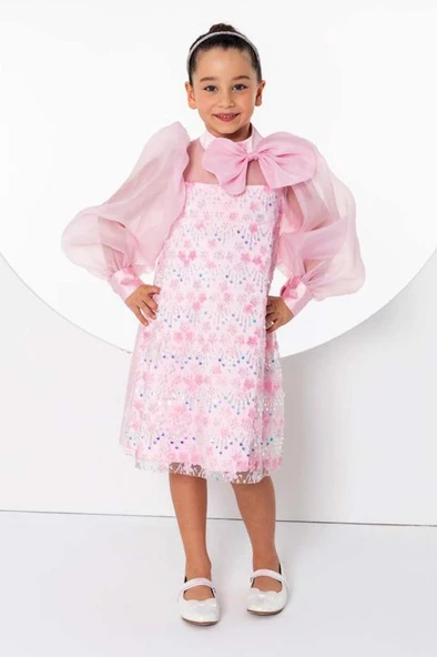 Kız Çocuk Üzeri Çiçek Pulpayet İşlemeli Omuzda Fiyonk Detaylı Şeffaf Tül Balon Kollu Pembe Elbise ürün görseli