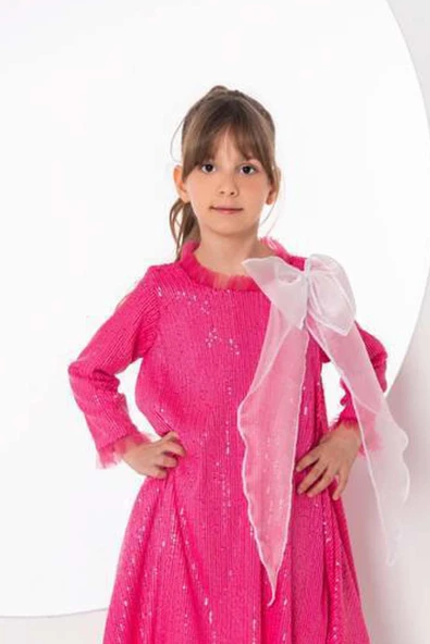 Kız Çocuk Yakası Tüllü Boydan Pulpayet İşlemeli Omuzu Fiyonk Detaylı Fuşya Elbise - Resim 8