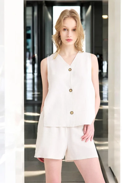 Yazlık Kolsuz Şortlu Keten Takım - Resim 8