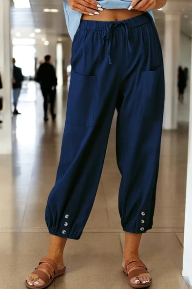 Günlük Düğme Detaylı Şık Keten Pantolon ürün görseli 1