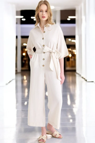 Yazlık Rahat Gömlek Yaka Keten Tulum - 5