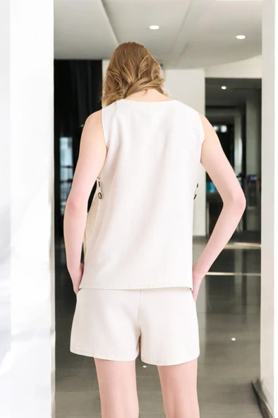 Yazlık Kolsuz Şortlu Keten Takım - Resim 12