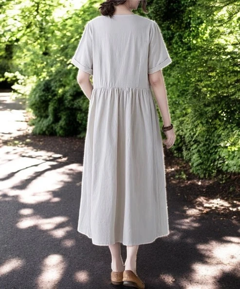 Yazlık V Yaka Beli Büzgülü Rahat Keten Elbise ürün görseli 1