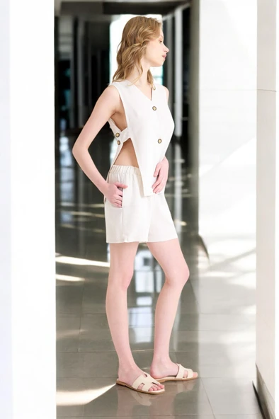 Yazlık Kolsuz Şortlu Keten Takım - Resim 9