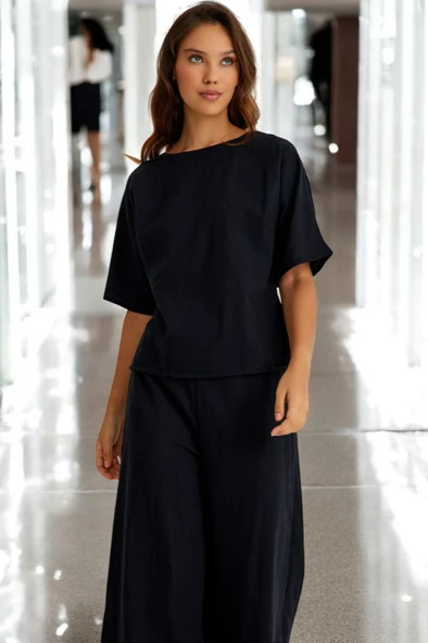 Yazlık Kısa Kol Alt Üst Keten Takım - Resim 8