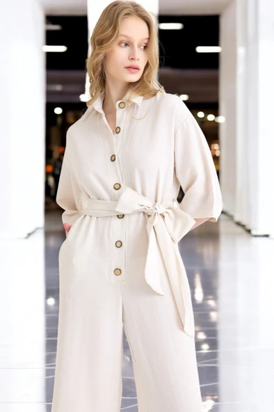 Yazlık Rahat Gömlek Yaka Keten Tulum - 7