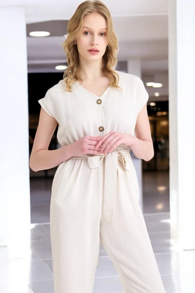 Yazlık V Yaka Kolsuz Keten Takım - Resim 8