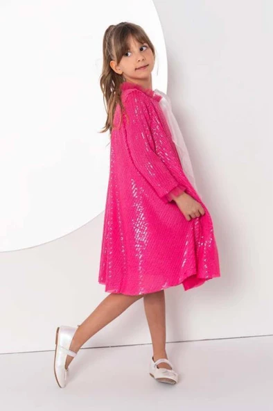 Kız Çocuk Yakası Tüllü Boydan Pulpayet İşlemeli Omuzu Fiyonk Detaylı Fuşya Elbise - Resim 2