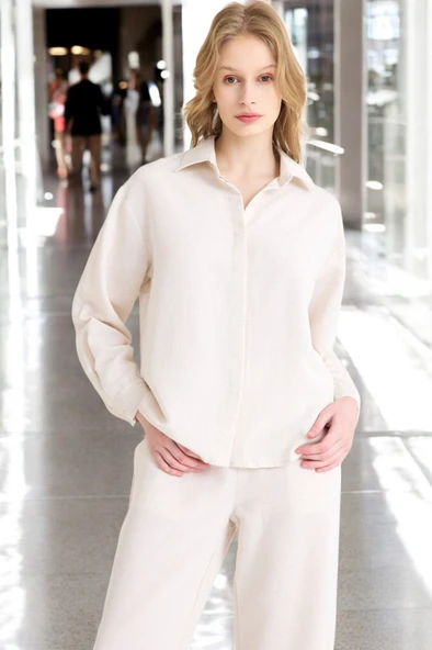 Yazlık Rahat Gömlek Pantolon İkili Keten Takım - Resim 9