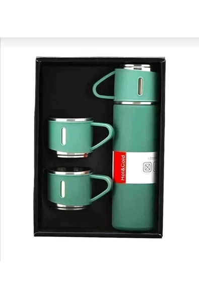 Yeşil Piknik Kamp Termosu Paslanmaz Çelik 3 Bardaklı 500ML Vakumlu Çay Kahve Sıcak Soğuk Termos Seti - 2