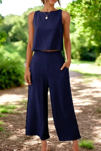 Yazlık Sırt Detaylı Şık Keten Takım - 5