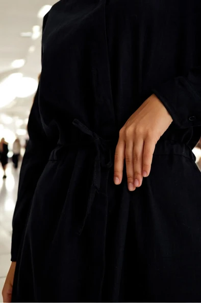 Günlük Beli Bağcıklı Rahat Keten Elbise - Resim 4