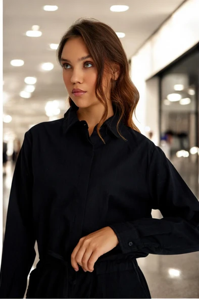 Günlük Beli Bağcıklı Rahat Keten Elbise - Resim 3