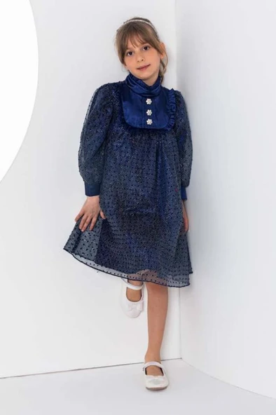 Kız Çocuk Üzeri Benekli ve Pullu İçi Astarlı Yakası Fırfırlı Lacivert Elbise - Resim 3
