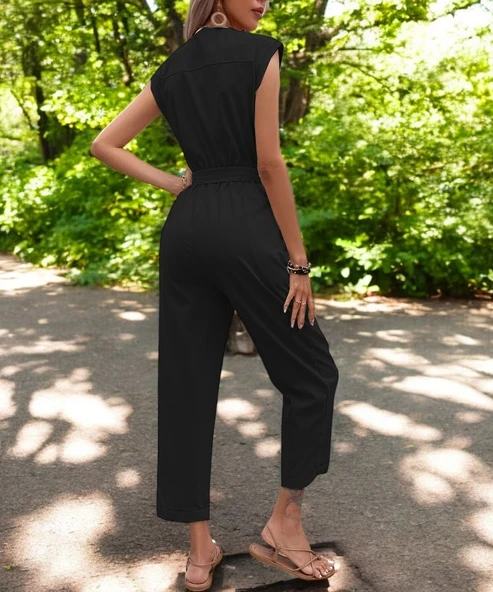 Yazlık Tek Sıra Düğmeli V Yaka Keten Tulum - Resim 2