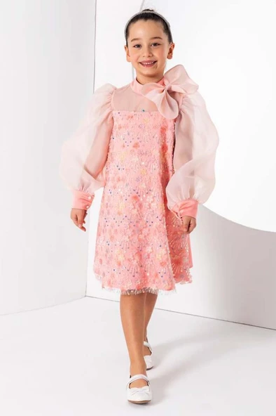 Kız Çocuk Üzeri Çiçek Pulpayet İşlemeli Omuzda Fiyonk Detaylı Şeffaf Tül Balon Kollu Somon Elbise - Resim 2