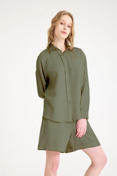 Keten Yazlık Uzun Kol Gömlek Şort Haki İkili Takım - 2