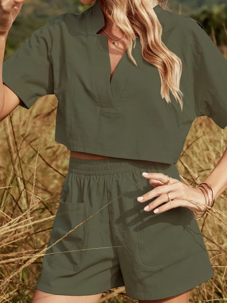 Yaka Detaylı Şortlu İkili Haki Takım - Resim 4