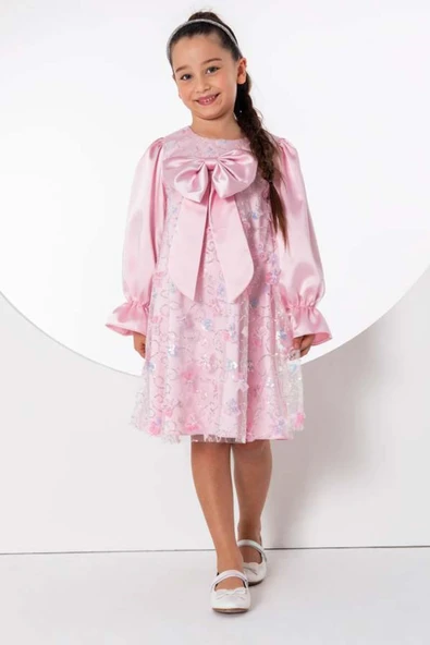 Kız Çocuk Göğsü Kurdele ve Üzeri Kelebek İşlemeli İspanyol Kollu Pembe Şifon Elbise - Resim 5