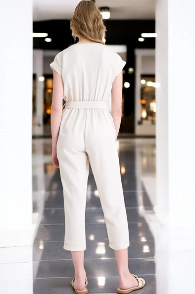 Yazlık V Yaka Kolsuz Keten Takım - Resim 2