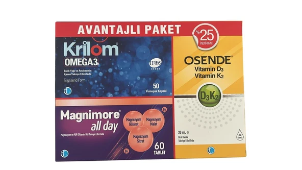 Krilom Omega3 50 Kapsül+ Magnimore Allday 60 Tablet + Osende D3k2 20 ml Avantajlı Paket
