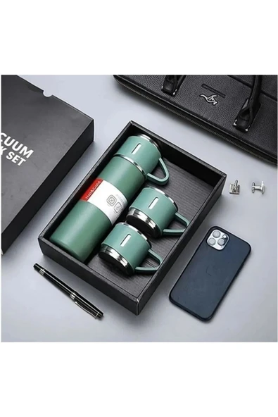 Yeşil Piknik Kamp Termosu Paslanmaz Çelik 3 Bardaklı 500ML Vakumlu Çay Kahve Sıcak Soğuk Termos Seti - 7