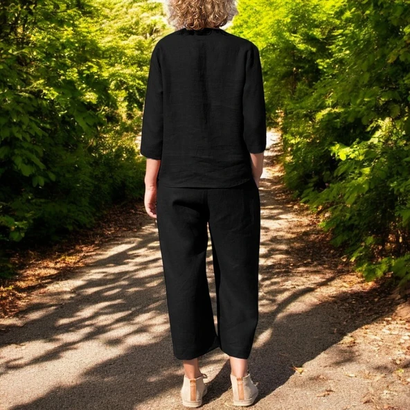 Yazlık Uzun Kollu Alt Üst Keten Takım - Resim 2